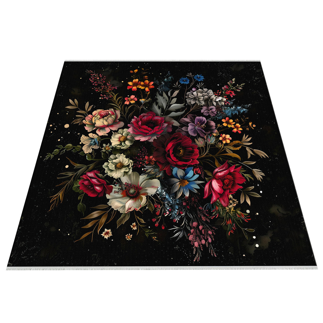 Black Washable Floral Boho Area Rug