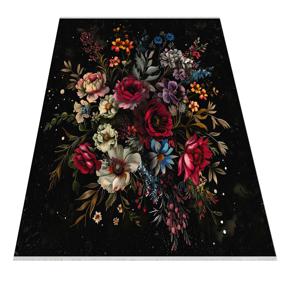 Black Washable Floral Boho Area Rug