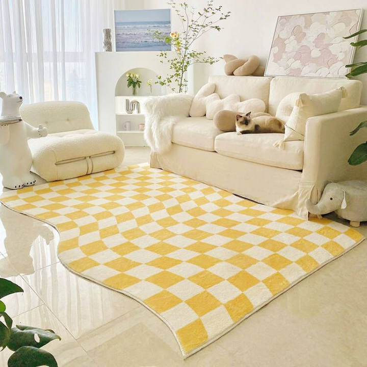 yellow and white checkered area rug