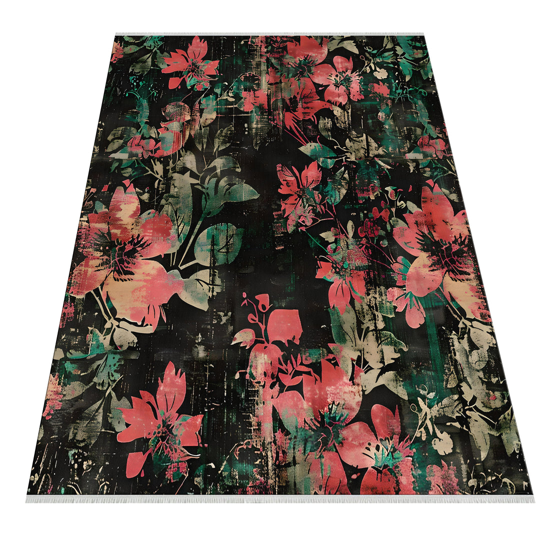 Black Red Floral Aesthetic Area Rug