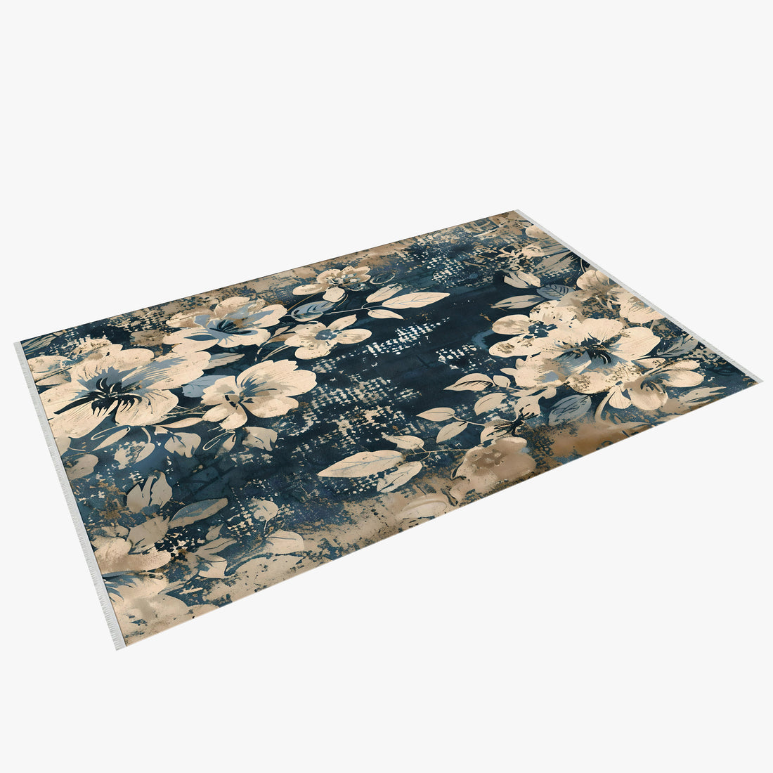 Cream Blue Floral Comfort Washable Area Rug