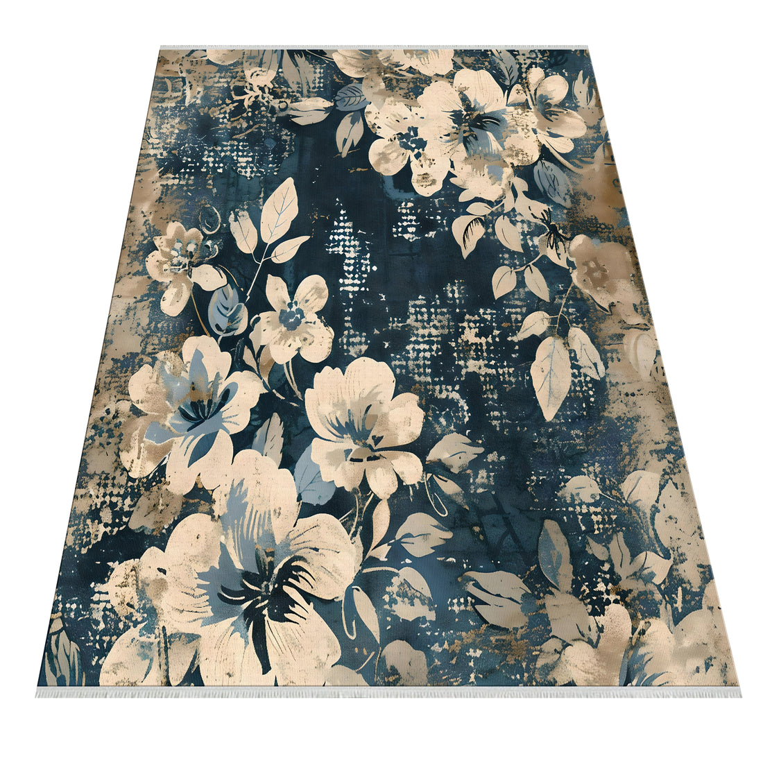 Cream Blue Floral Comfort Washable Area Rug