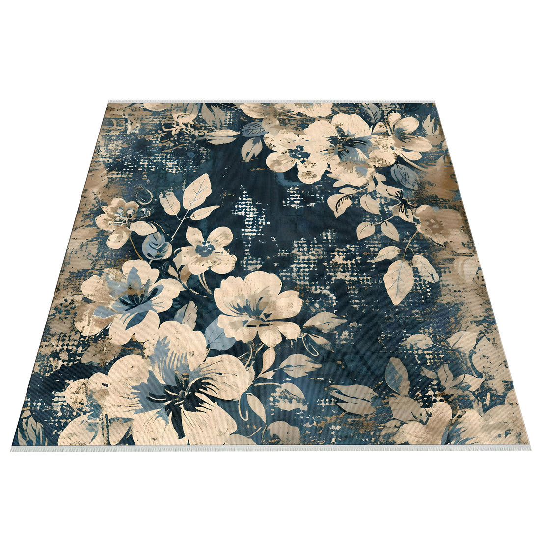 Cream Blue Floral Comfort Washable Area Rug