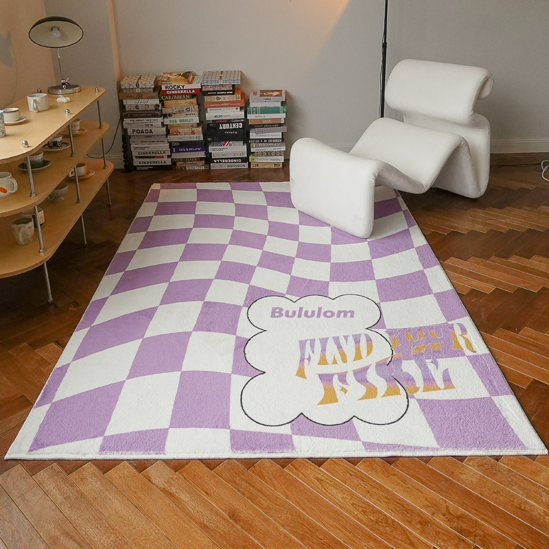 checkered rug purple and white