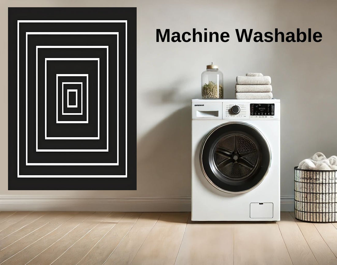 Black White Washable Machine Woven Cotton Area Rug