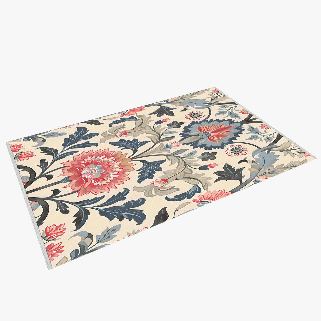 Cream Blue Floral Boho Rug for Kitchen