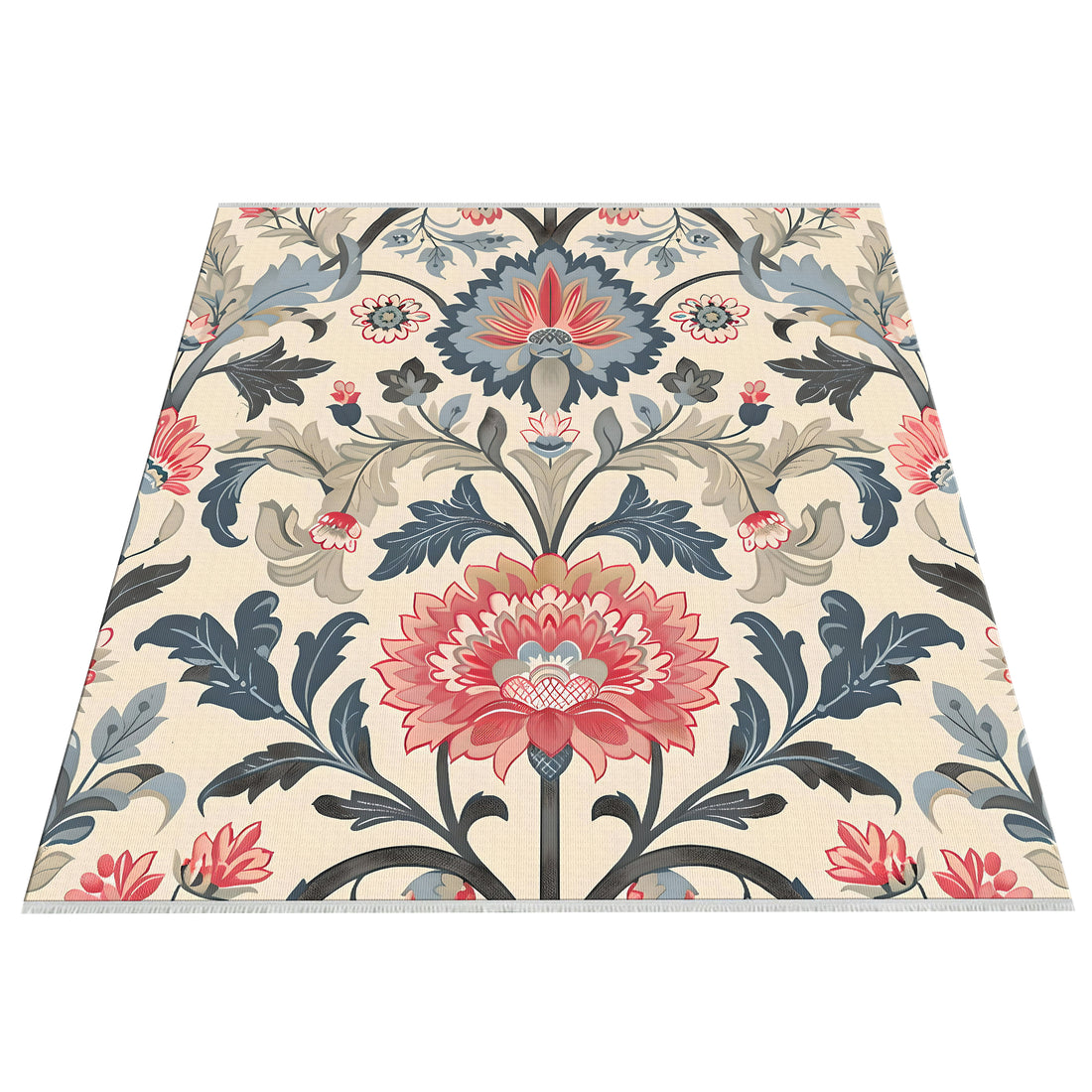 Cream Blue Floral Boho Rug for Kitchen