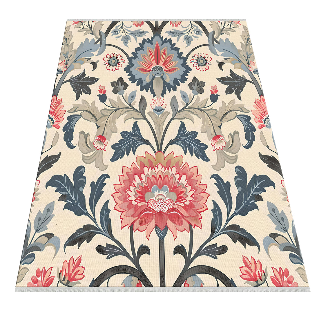 Cream Blue Floral Boho Rug for Kitchen