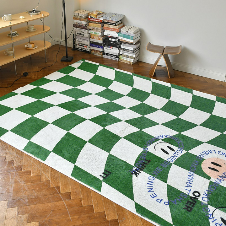 green and yellow checkered rug cute