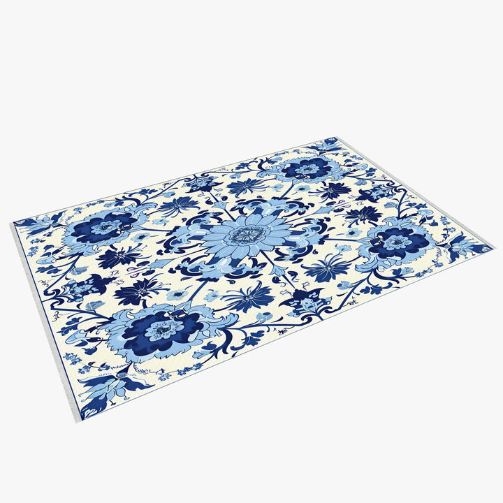 Blue White Oriental Washable Area Rug