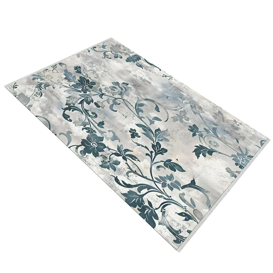 Gray Blue Floral Neutral Soft Cotton Woven Rug