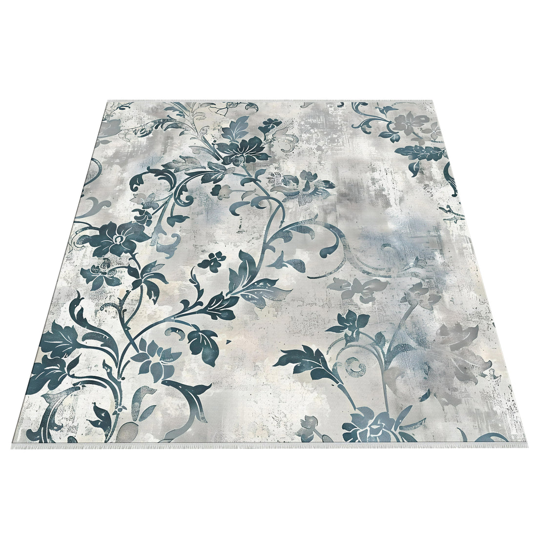 Gray Blue Floral Neutral Soft Cotton Woven Rug