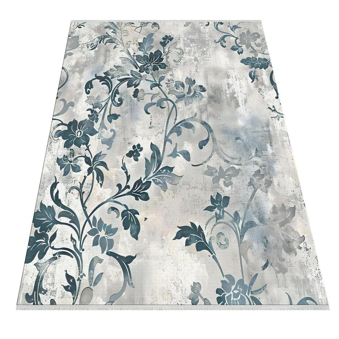 Gray Blue Floral Neutral Soft Cotton Woven Rug