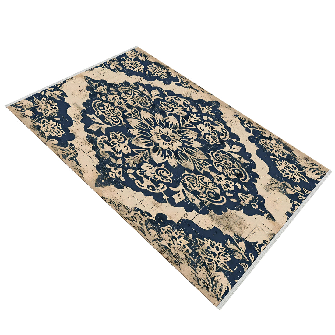 Oriental Floral Cram Blue Kitchen Rug