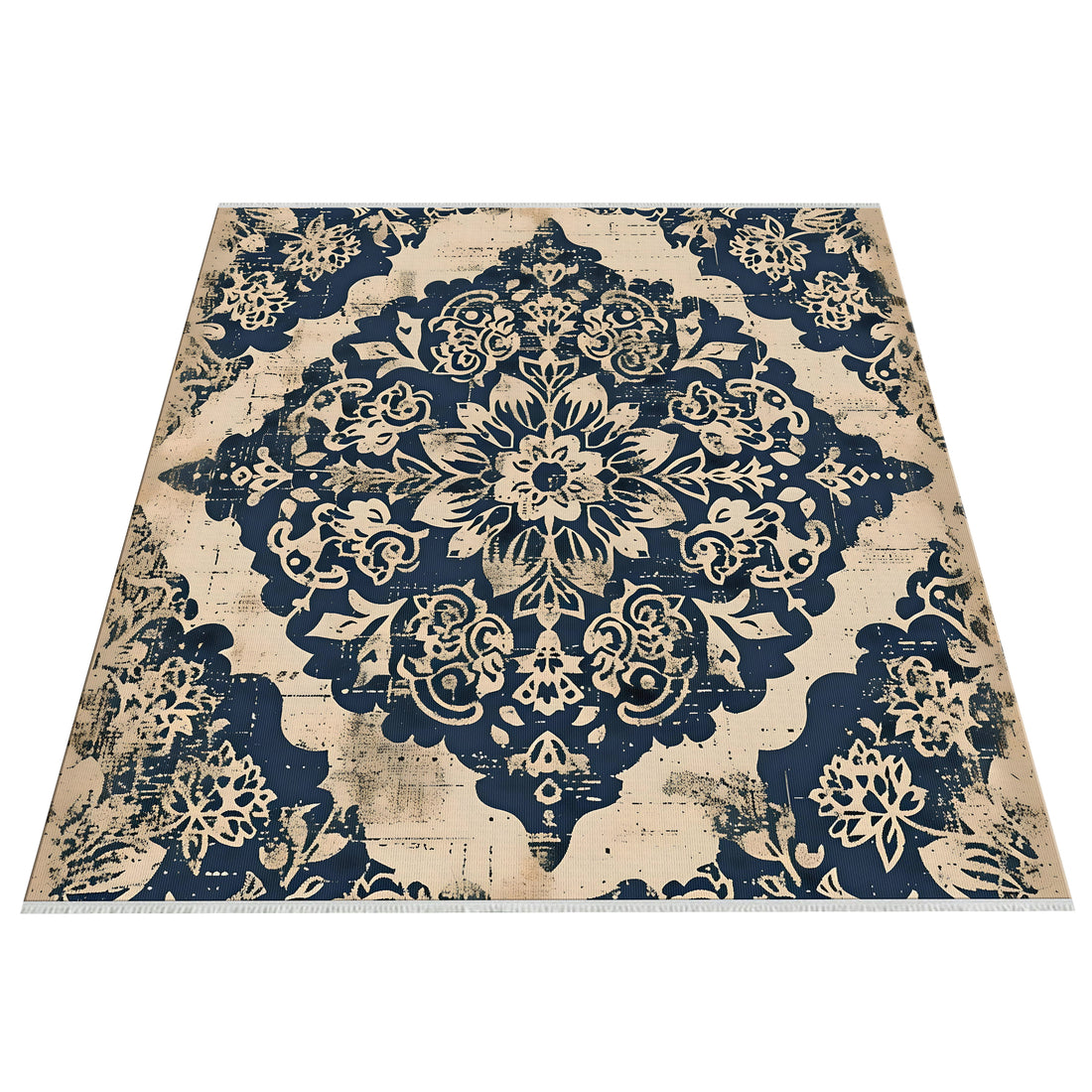 Oriental Floral Cram Blue Kitchen Rug