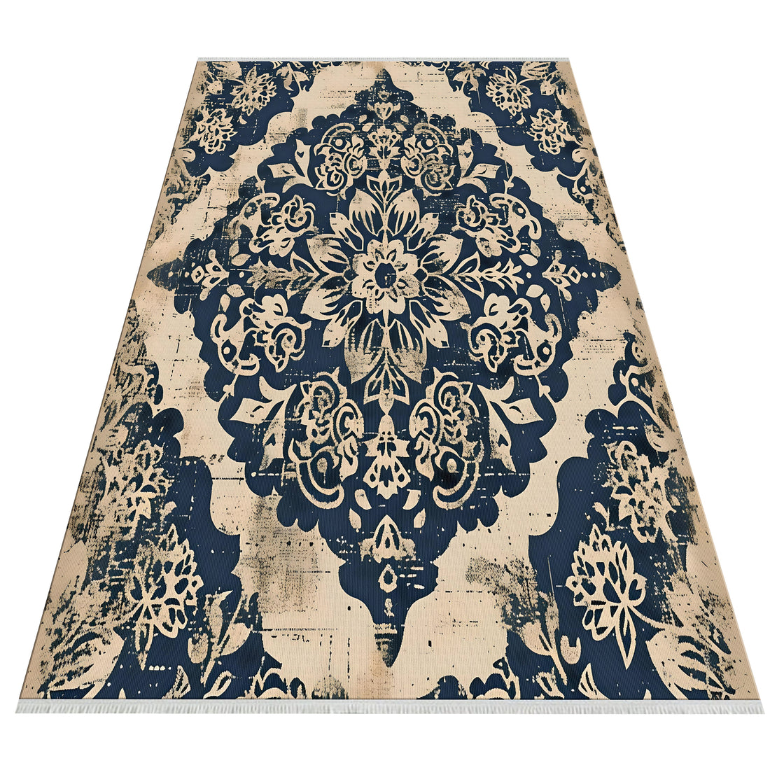 Oriental Floral Cram Blue Kitchen Rug