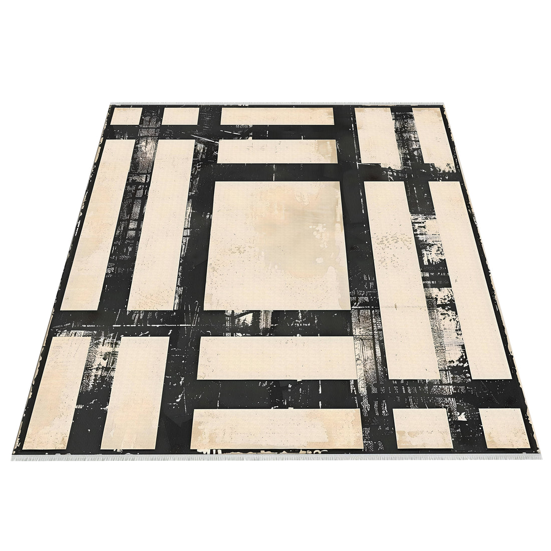 Cream Black Striped Geometric Area Rug