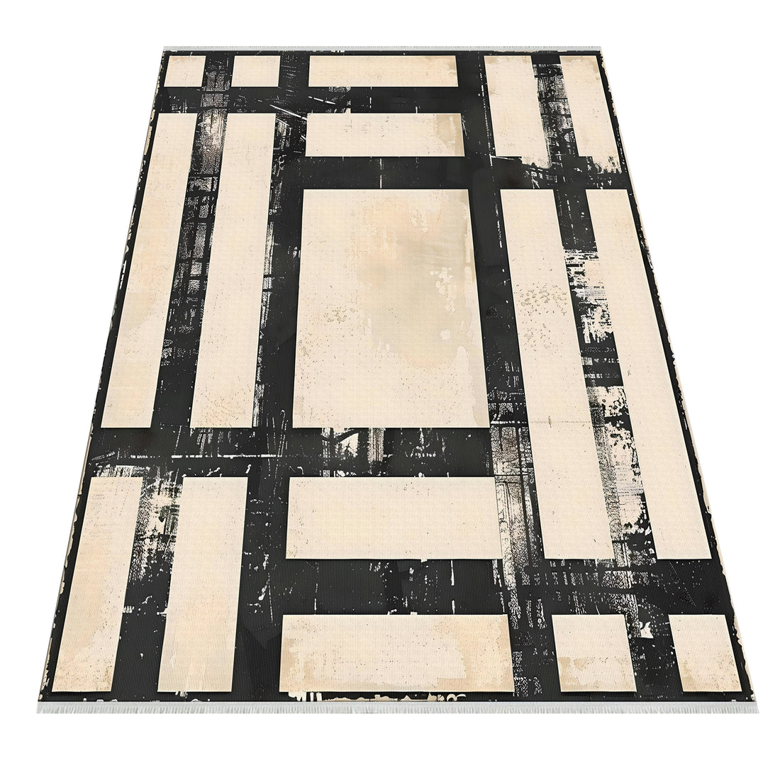 Cream Black Striped Geometric Area Rug