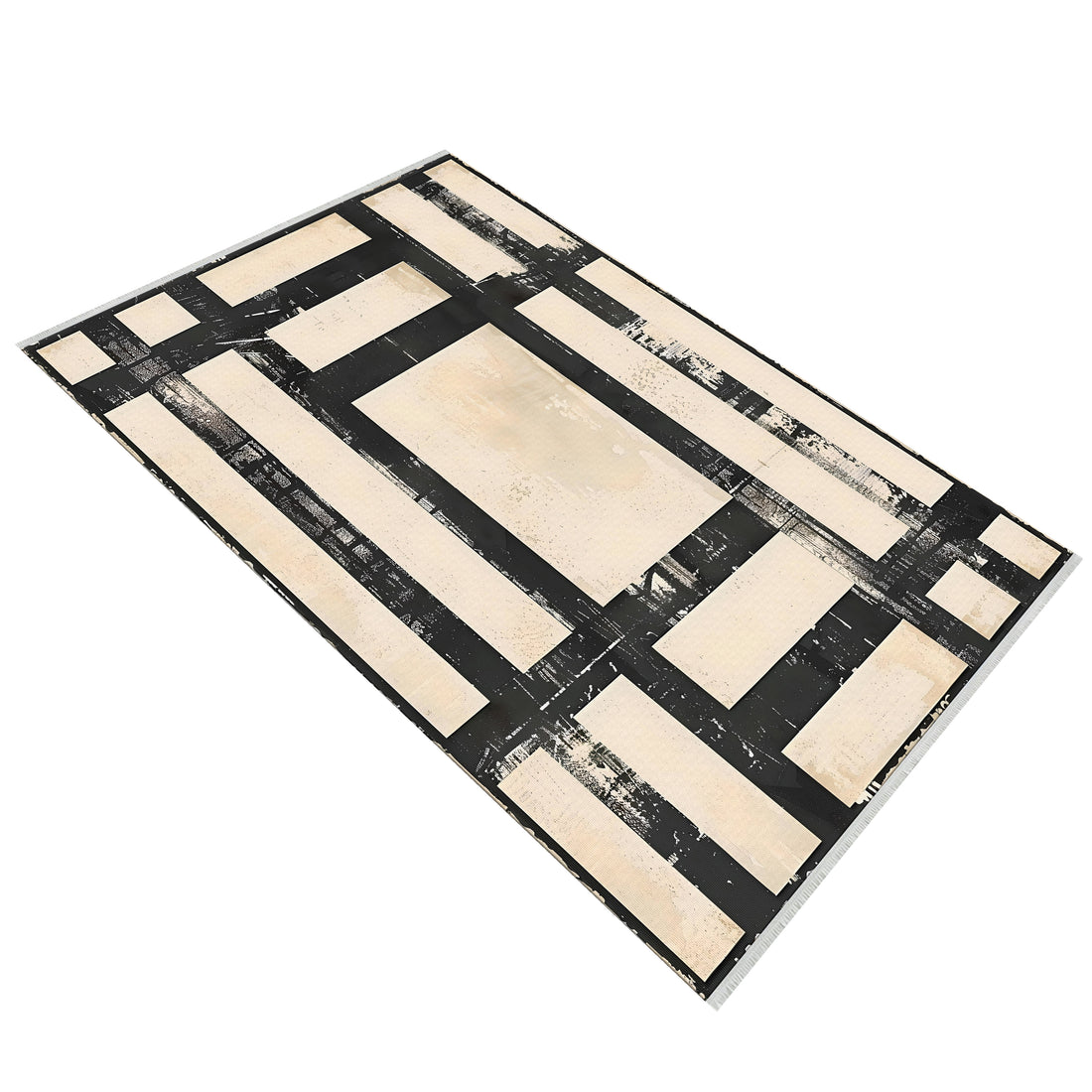 Cream Black Striped Geometric Area Rug