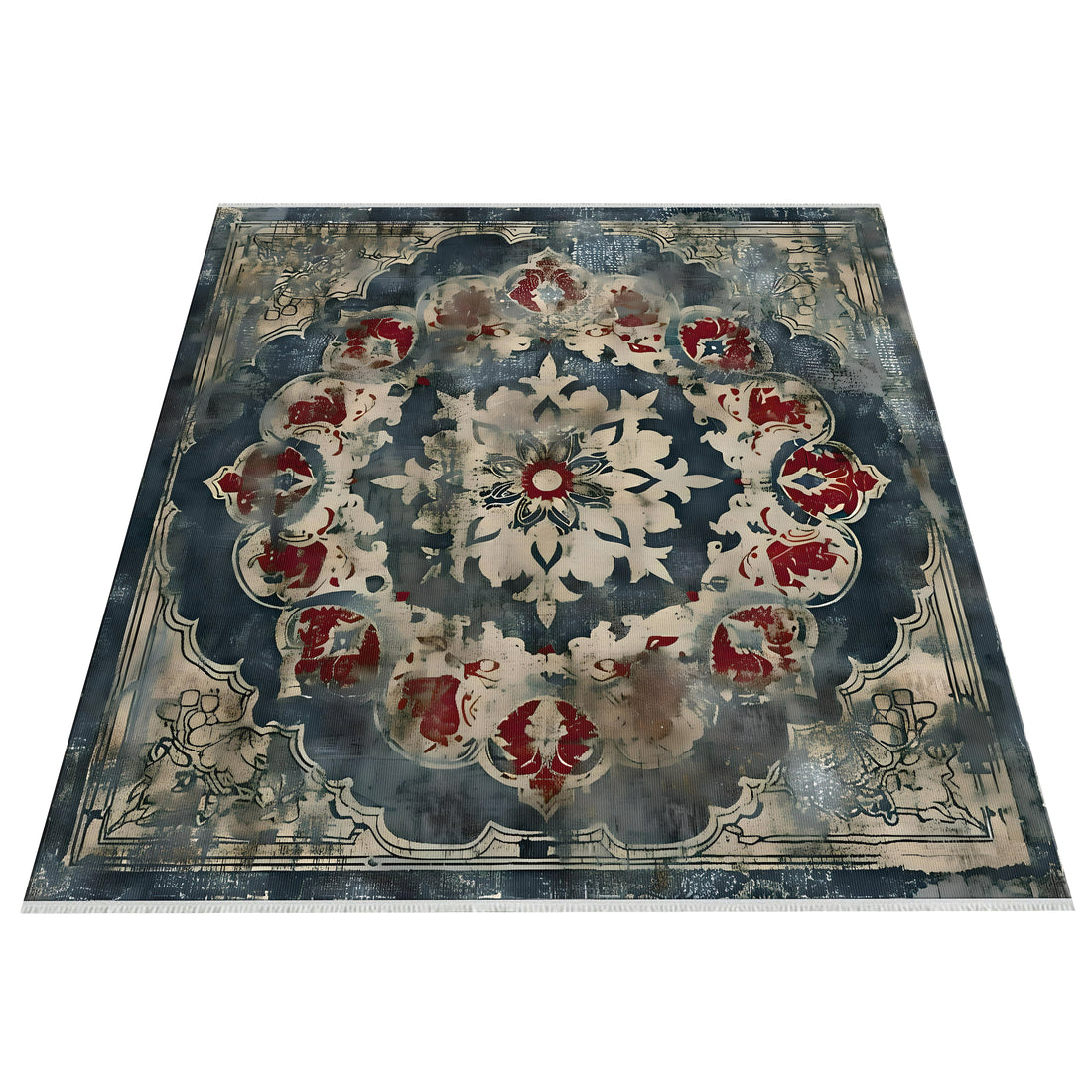 Oriental Antiqued Pattern Red Blue Kitchen Rug