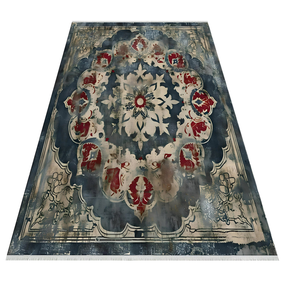 Oriental Antiqued Pattern Red Blue Kitchen Rug