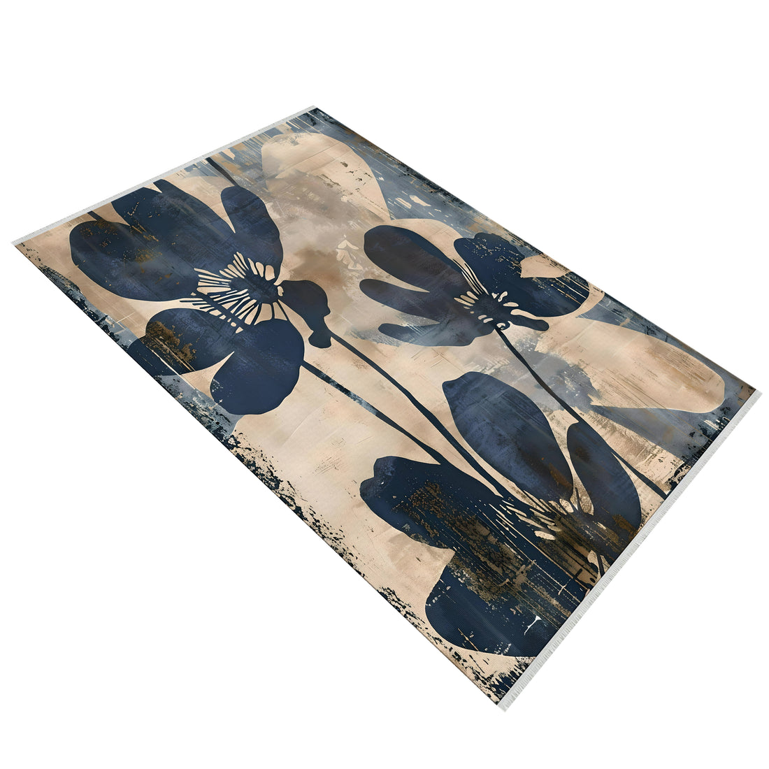 Cream Blue Floral Non Slip Washable Cotton Rug