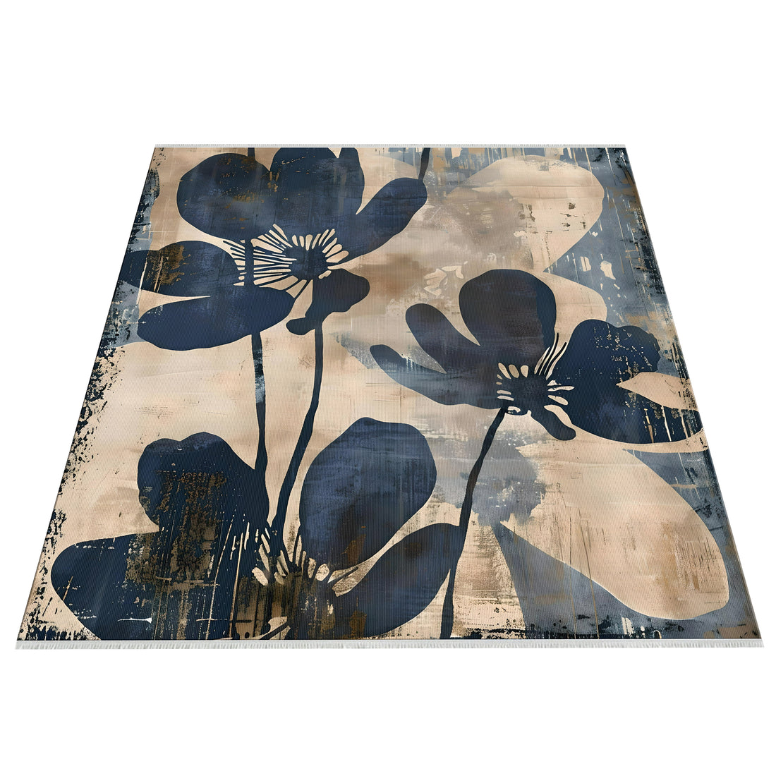 Cream Blue Floral Non Slip Washable Cotton Rug