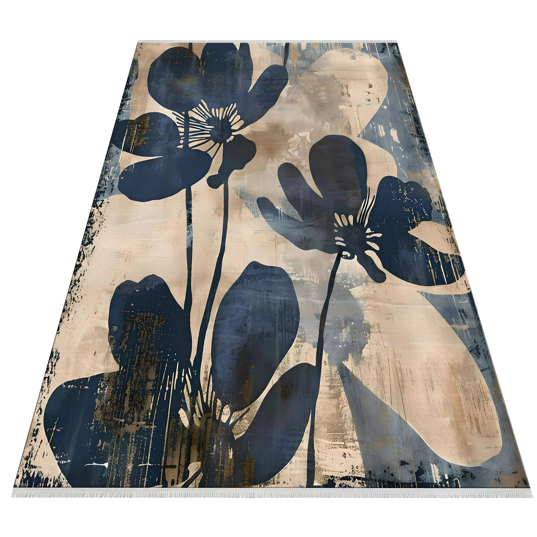 Cream Blue Floral Non Slip Washable Cotton Rug