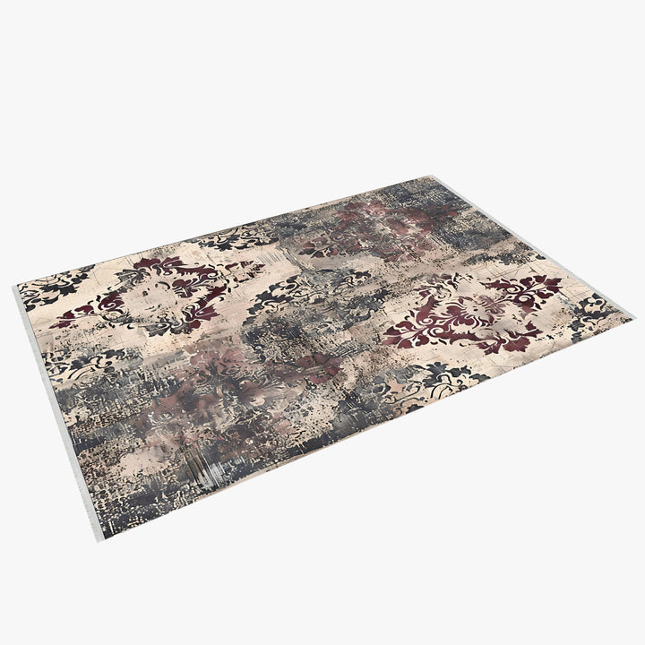 Cream Purple Distressed Damask Pattern Area Rug