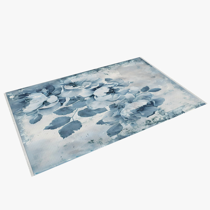 Blue Floral Aesthetic Washable Cotton Base Area Rug