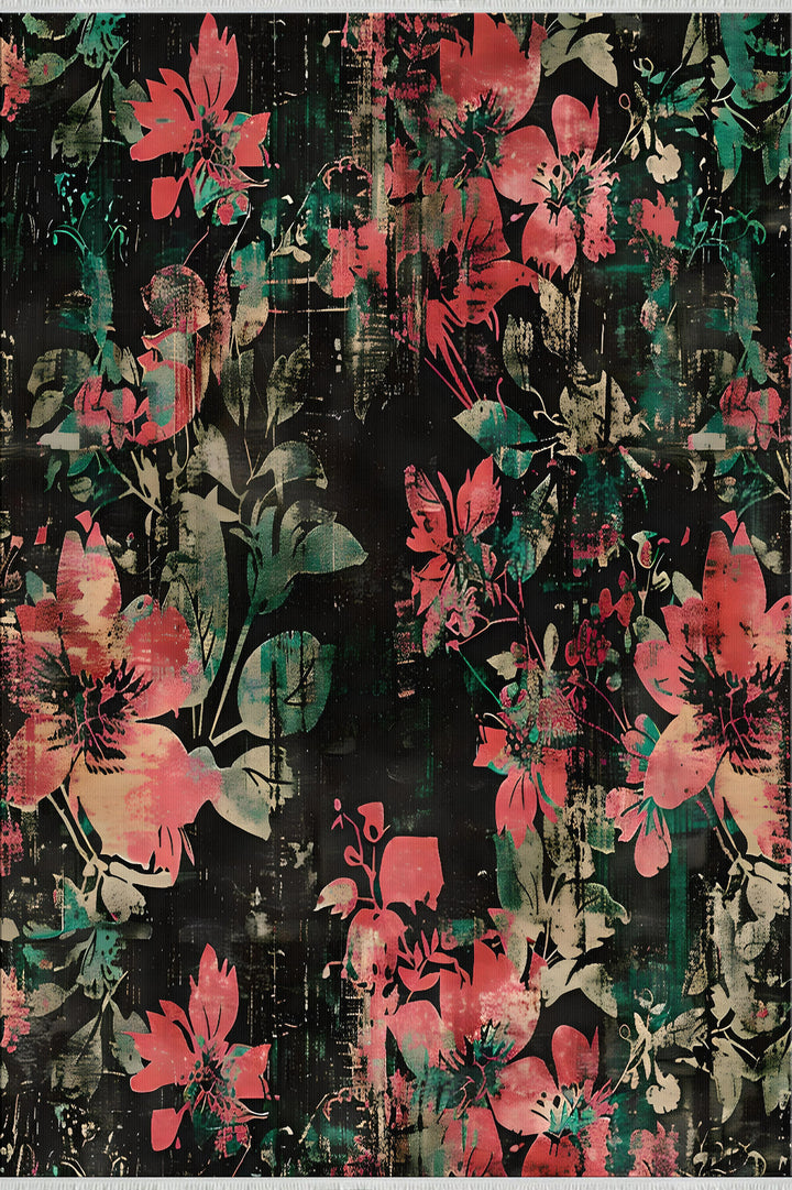 Black Red Floral Aesthetic Area Rug