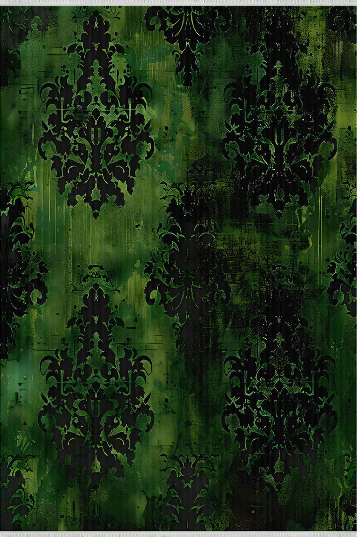 Green Black Damask Bright/Bold Color Rug