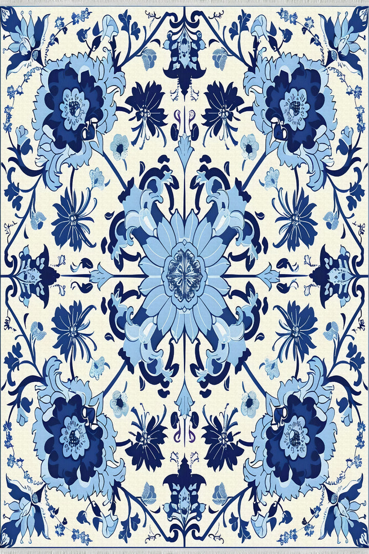 Blue White Oriental Washable Area Rug