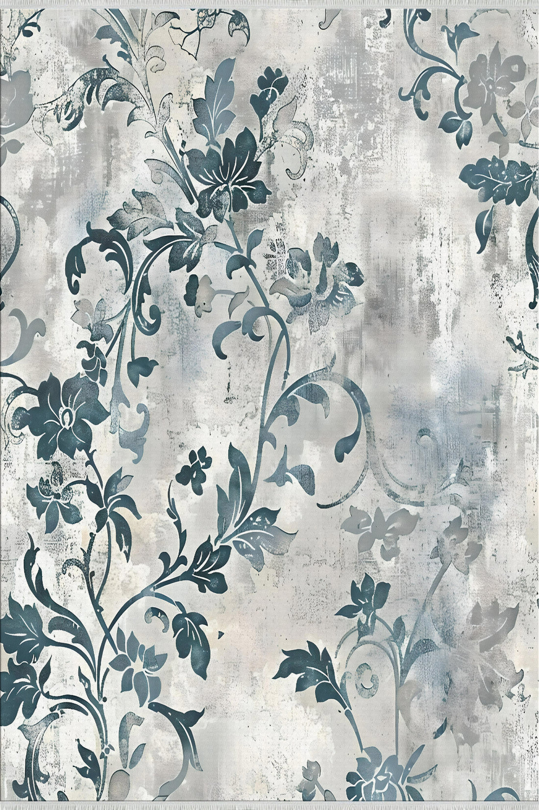 Gray Blue Floral Neutral Soft Cotton Woven Rug