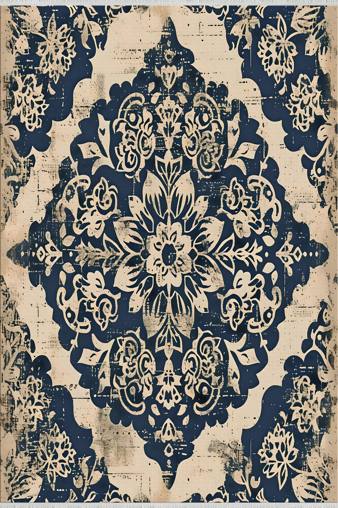 Oriental Floral Cram Blue Kitchen Rug