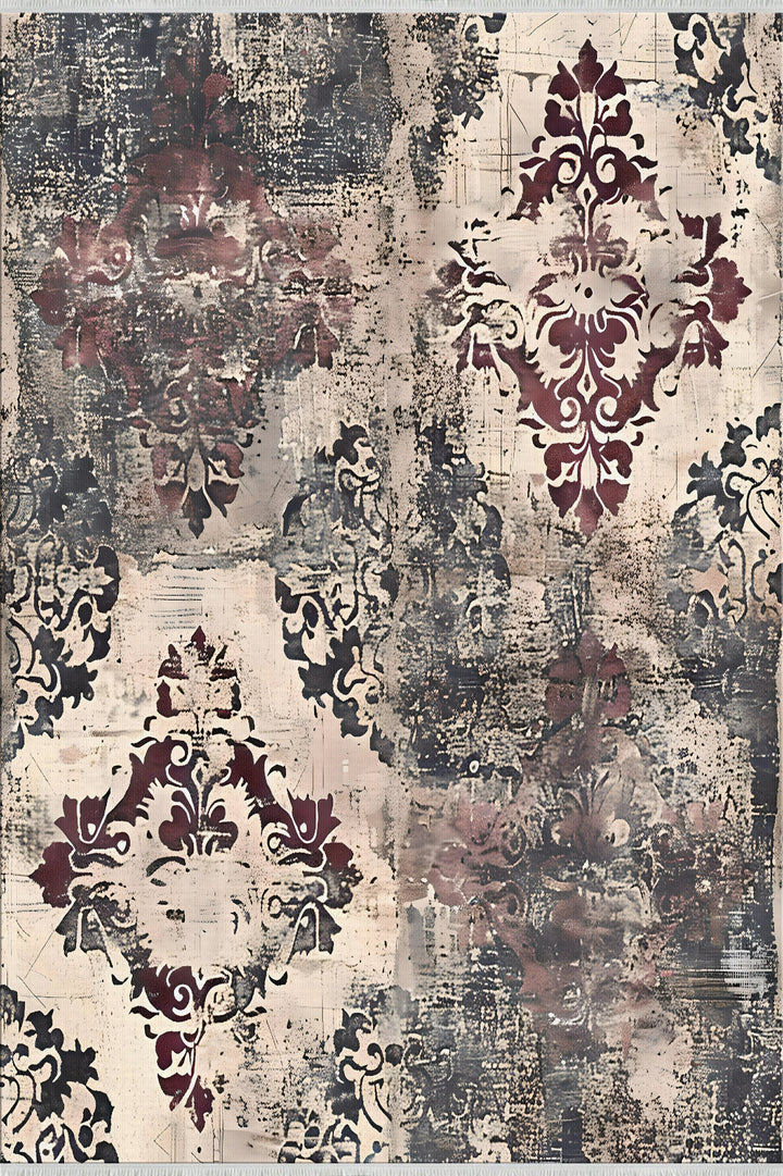 Cream Purple Distressed Damask Pattern Area Rug