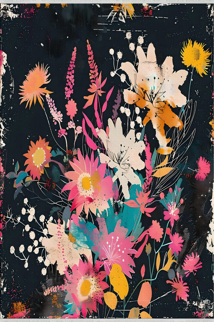 Black Floral Washable Cotton Base Colorful Area Rug