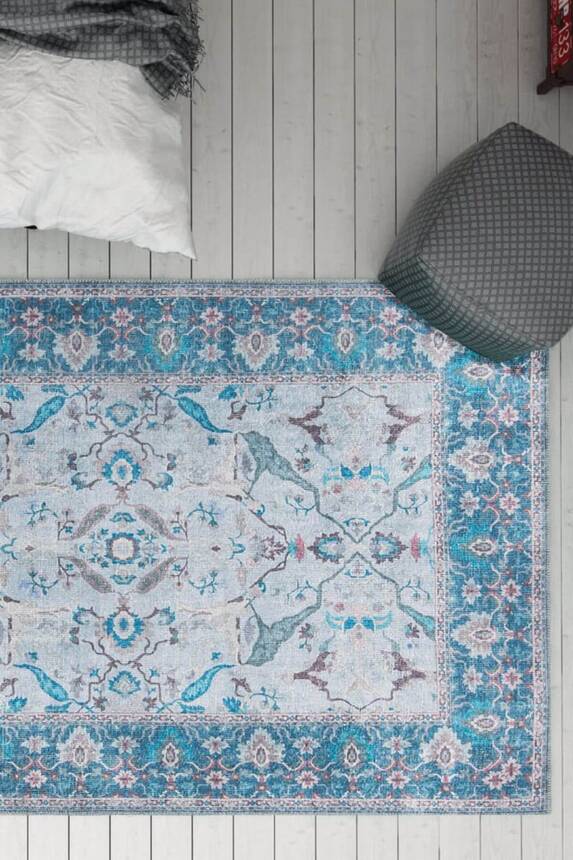 Woven Base Decorative Blue Carpet With Vintage Pattern