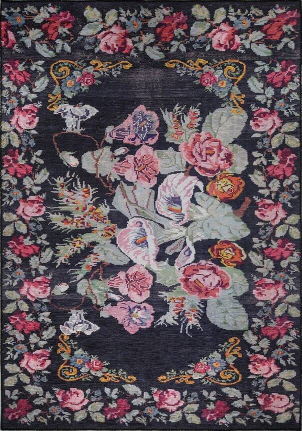 Woven Decorative Rugs with Black Ethnic Karabakh Pattern