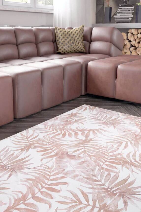 Leaf Pattern Pink and White Aesthetic Rug