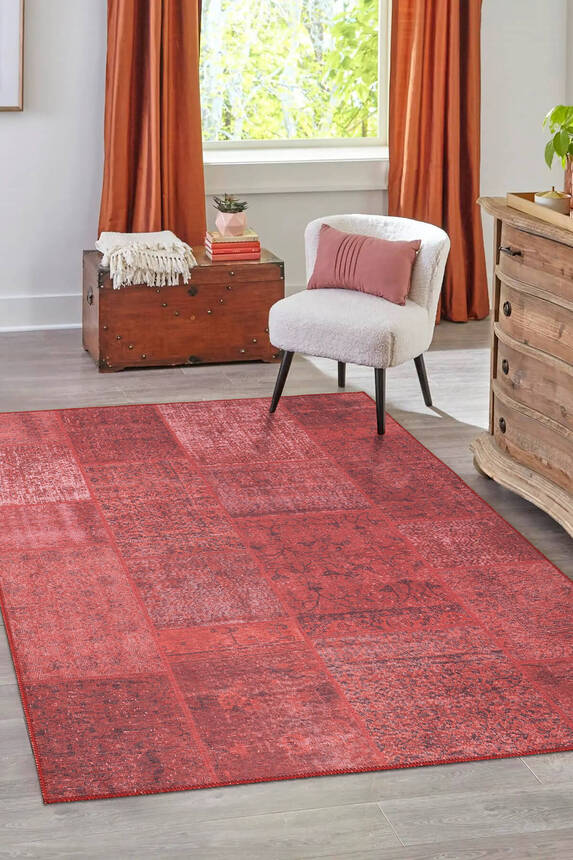 Woven Base Decorative Red Carpet With Patchwork Pattern