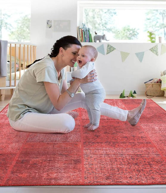 Woven Base Decorative Red Carpet With Patchwork Pattern