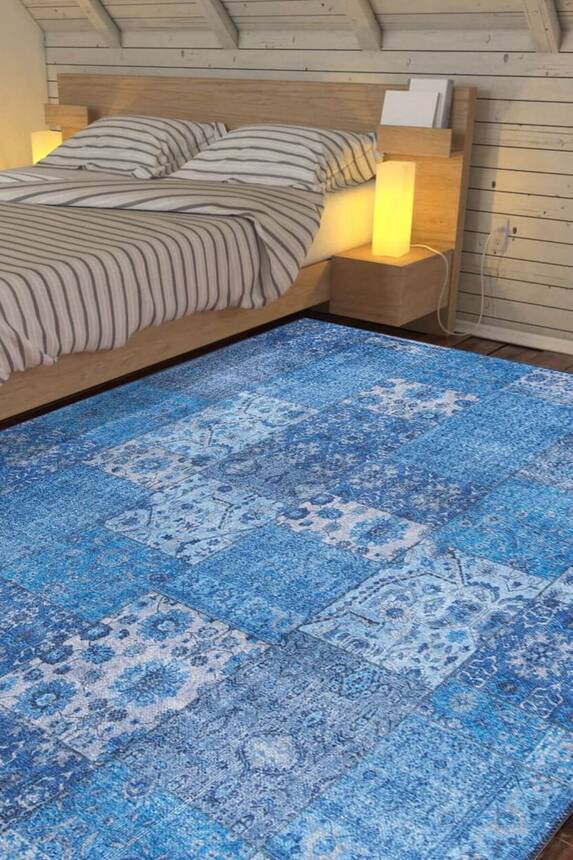 Woven Base Decorative Blue Carpet With Patchwork Pattern