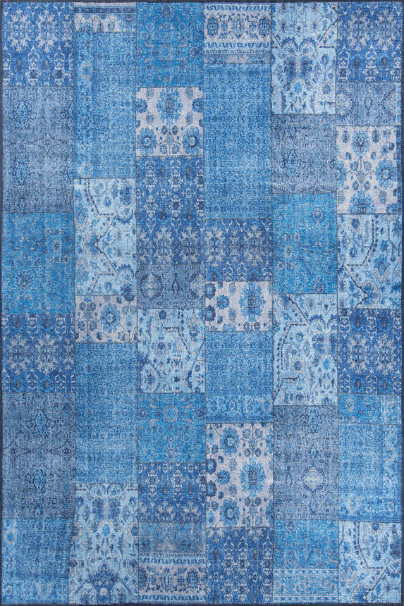 Woven Base Decorative Blue Carpet With Patchwork Pattern