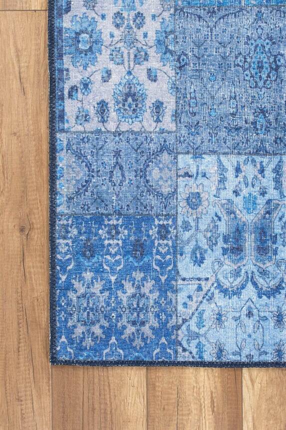 Woven Base Decorative Blue Carpet With Patchwork Pattern