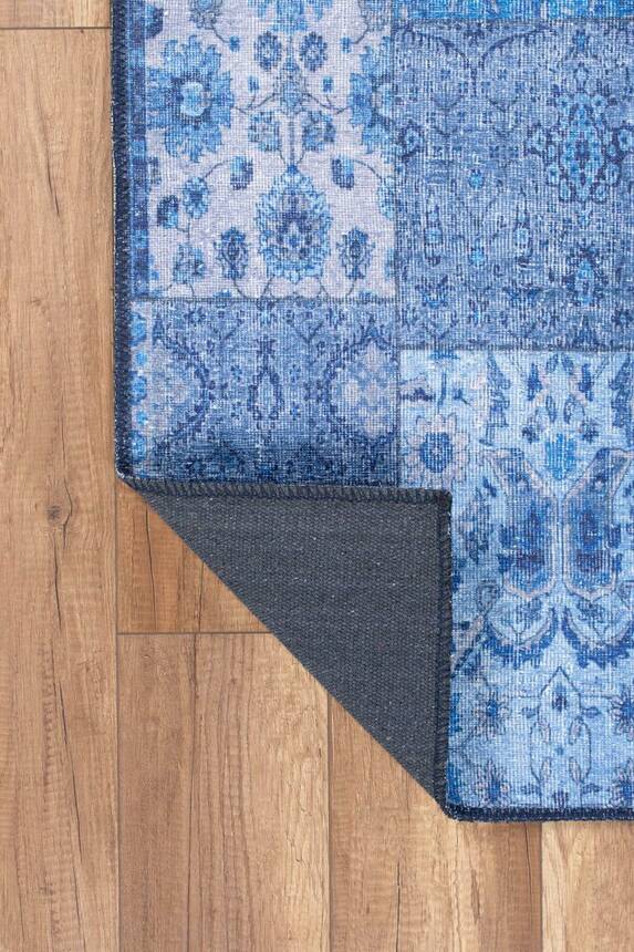 Woven Base Decorative Blue Carpet With Patchwork Pattern