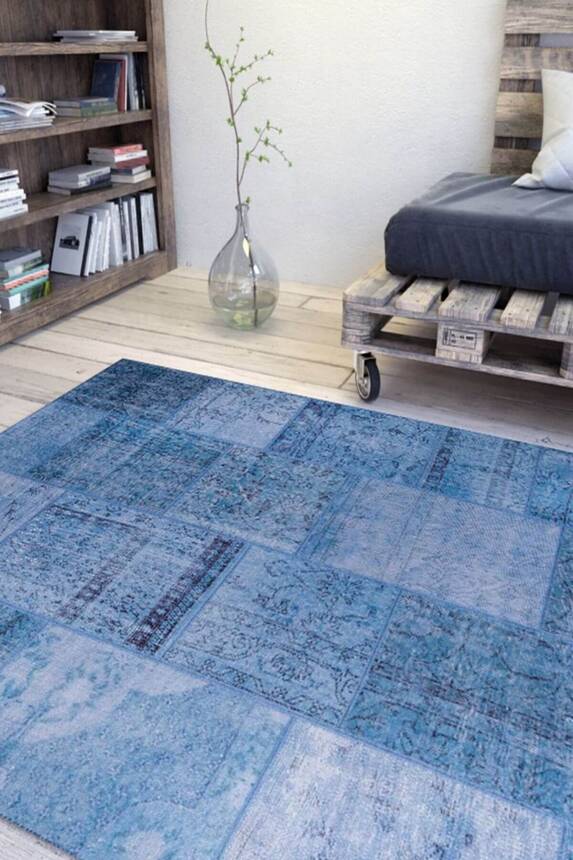 Woven Base Decorative Blue Carpet With Patchwork Pattern