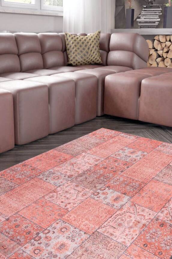 Woven Base Decorative Pink Carpet With Patchwork Pattern