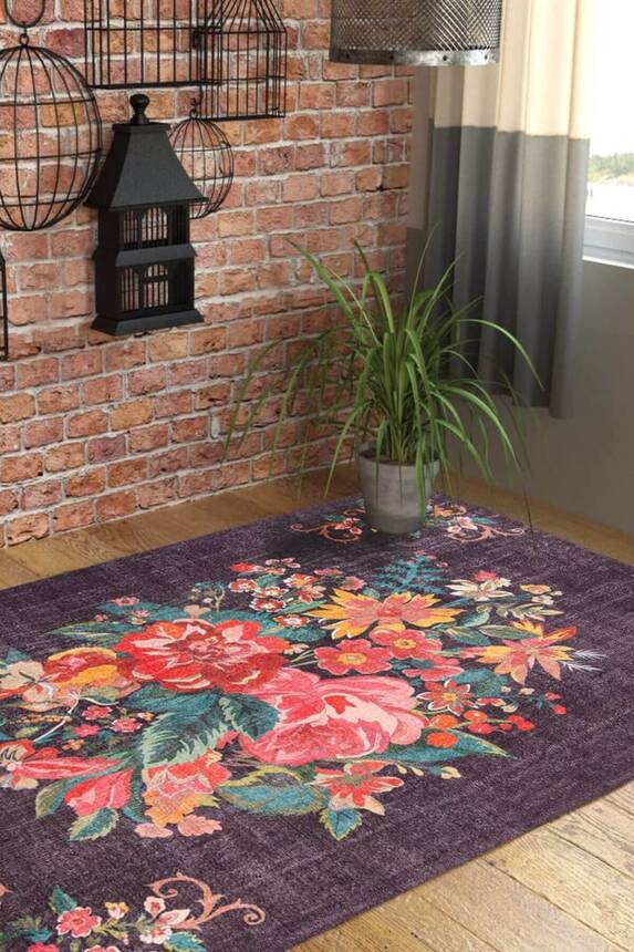 Woven Base Decorative Black Carpet With Floral Pattern