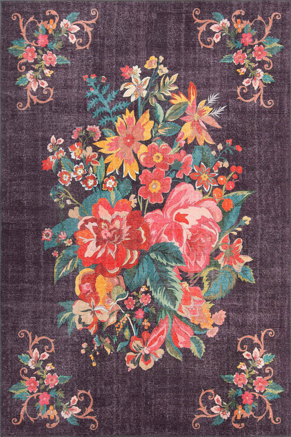 Woven Base Decorative Black Carpet With Floral Pattern